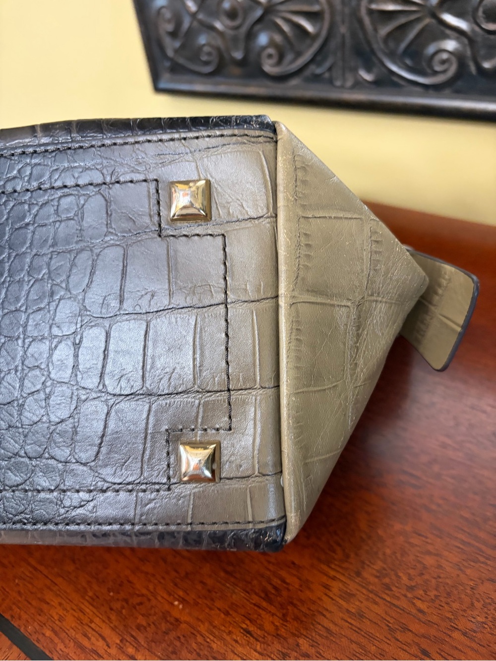 Henri Bendel Croc-Embossed Leather Satchel Olive/Black - Picture 14 of 15